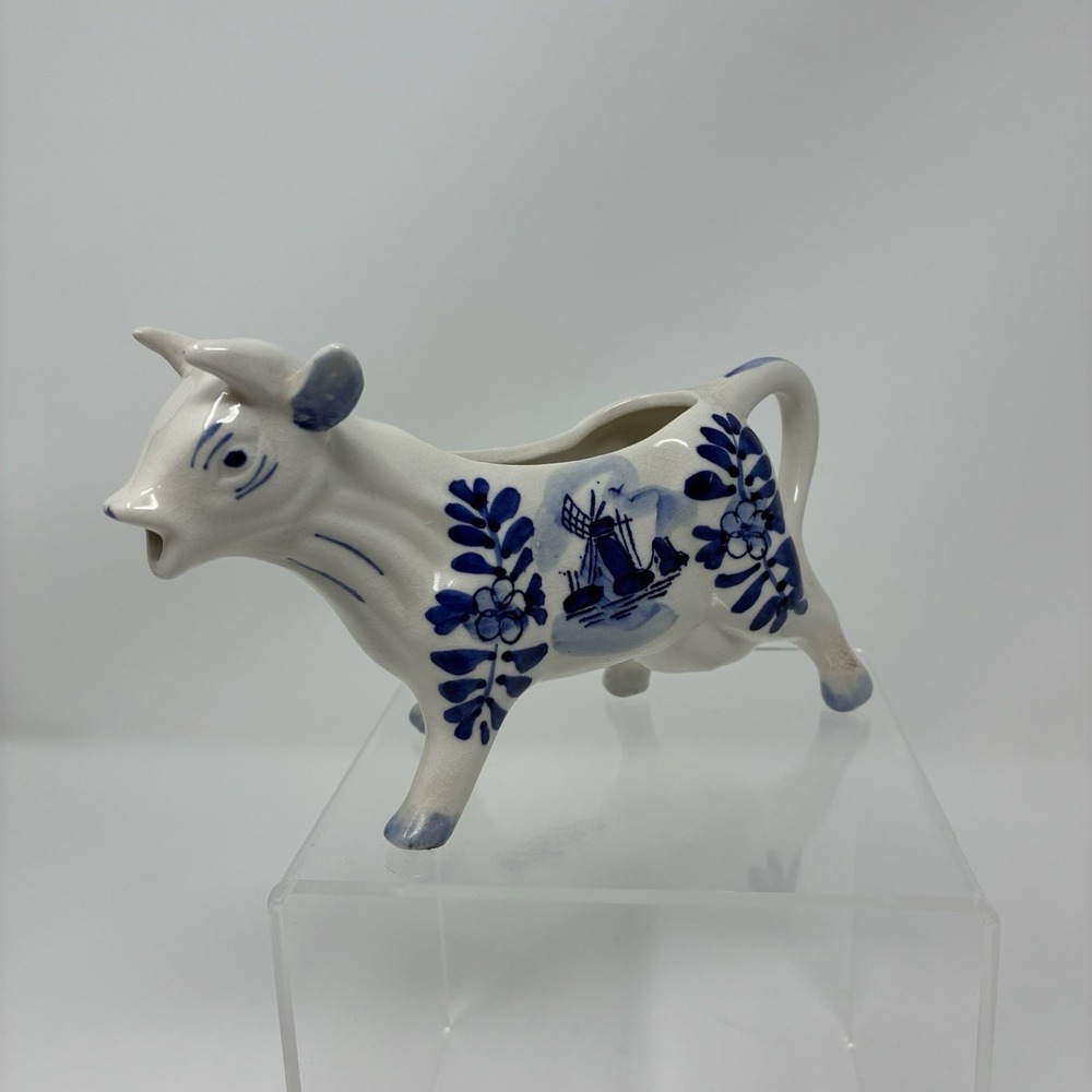 Vintage Holland DELFT Cow Creamer Blue & White Hand Painted Porcelain Windmill